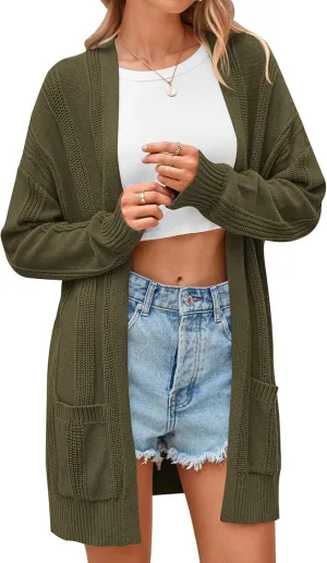 PRETTYGARDEN Women's Fall Loose Open Front Cardigan Long Sleeve Cable Knit Sweaters Lightweight Outwear with Pockets