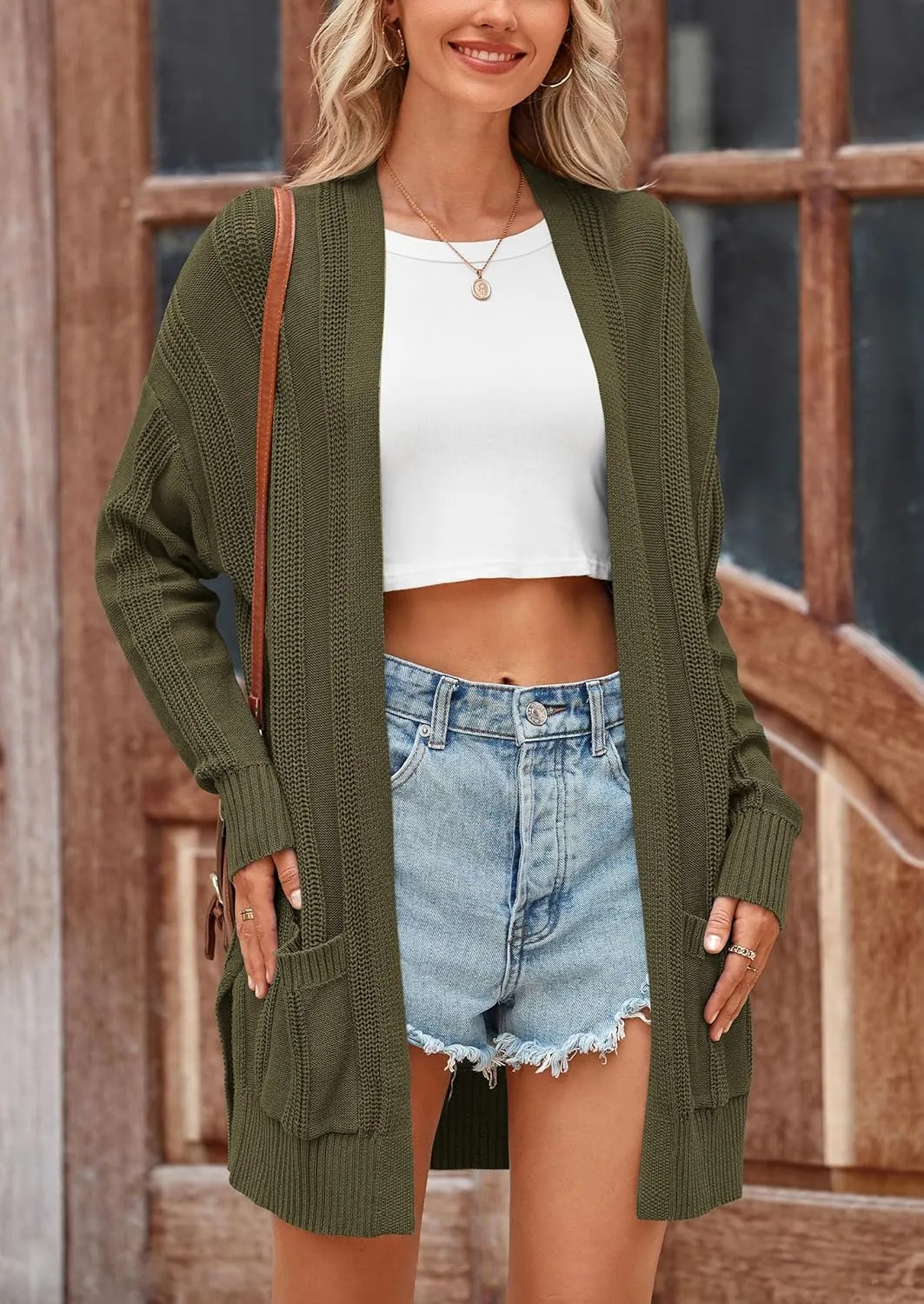 PRETTYGARDEN Women's Fall Loose Open Front Cardigan Long Sleeve Cable Knit Sweaters Lightweight Outwear with Pockets