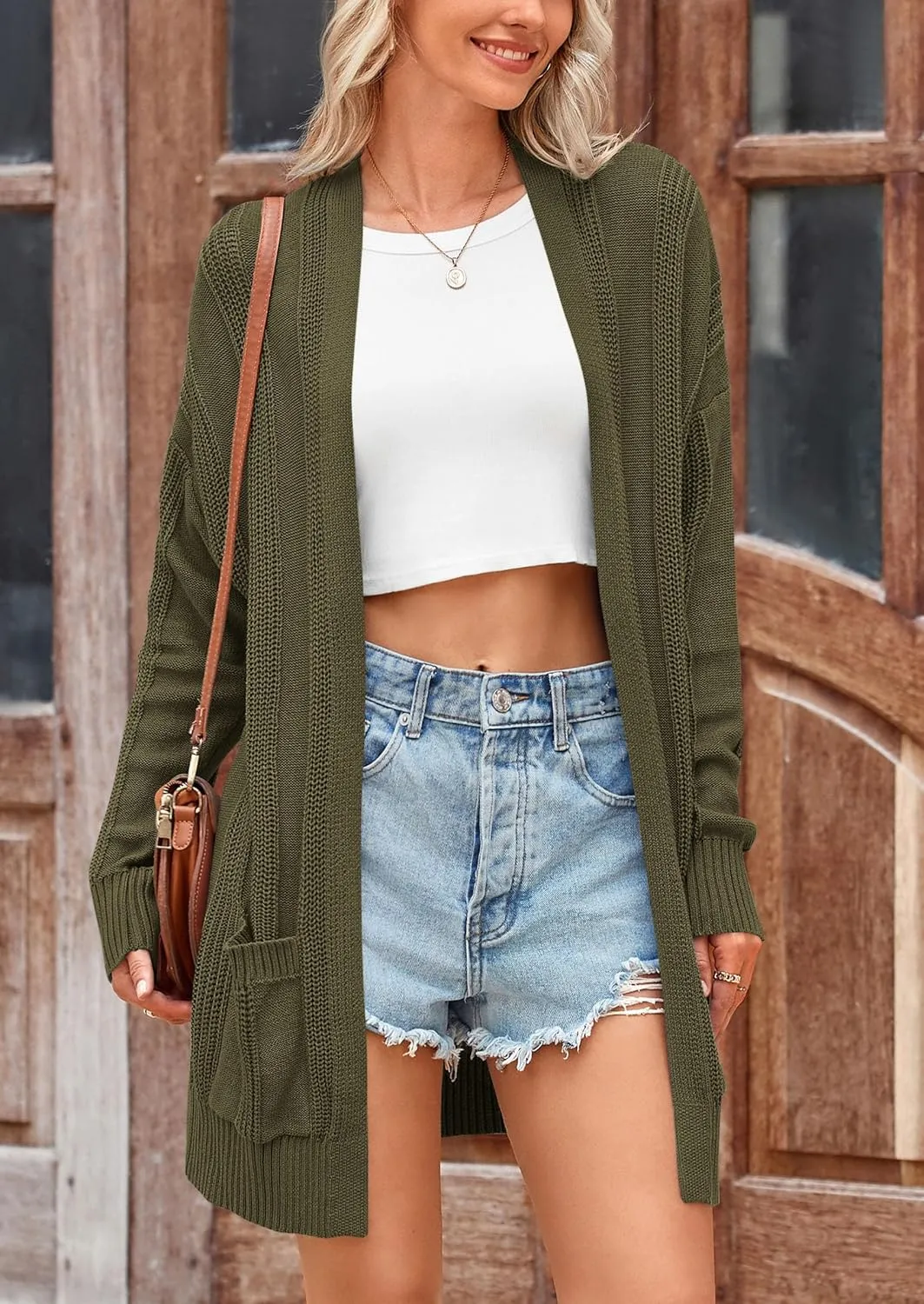PRETTYGARDEN Women's Fall Loose Open Front Cardigan Long Sleeve Cable Knit Sweaters Lightweight Outwear with Pockets