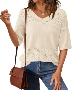PRETTYGARDEN Women's Short Sleeve Sweater Tops 2025 Spring Summer Casual V Neck Ribbed Knit Trendy Eyelet Blouse T Shirts