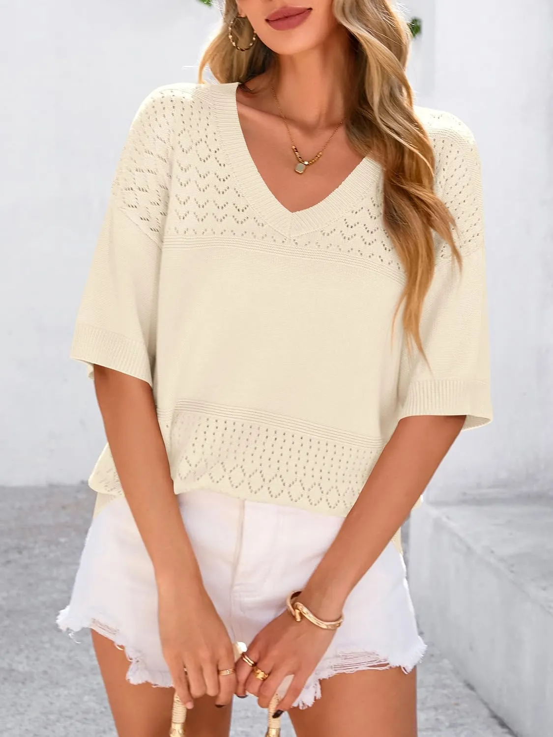 PRETTYGARDEN Women's Short Sleeve Sweater Tops 2025 Spring Summer Casual V Neck Ribbed Knit Trendy Eyelet Blouse T Shirts
