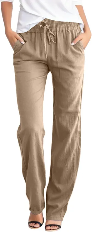 PTOLOCIF Linen Beach Pants Women,Casual Linen High Waist Pants Wide Leg Palazzo Pants Drawstring Loose Fit Summer Pants