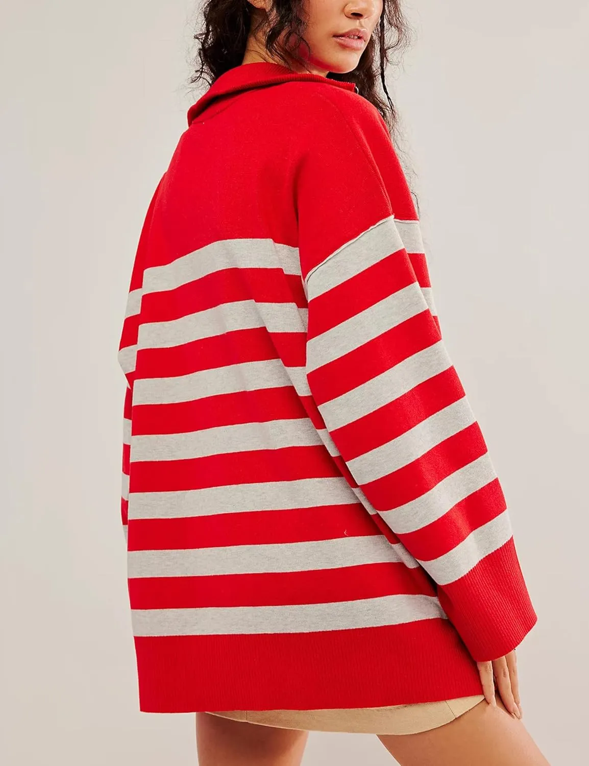 Quarter Zip Striped Oversized Knitted Pullover Sweaters for Women Lightweight Loose Fit Sweater Tops