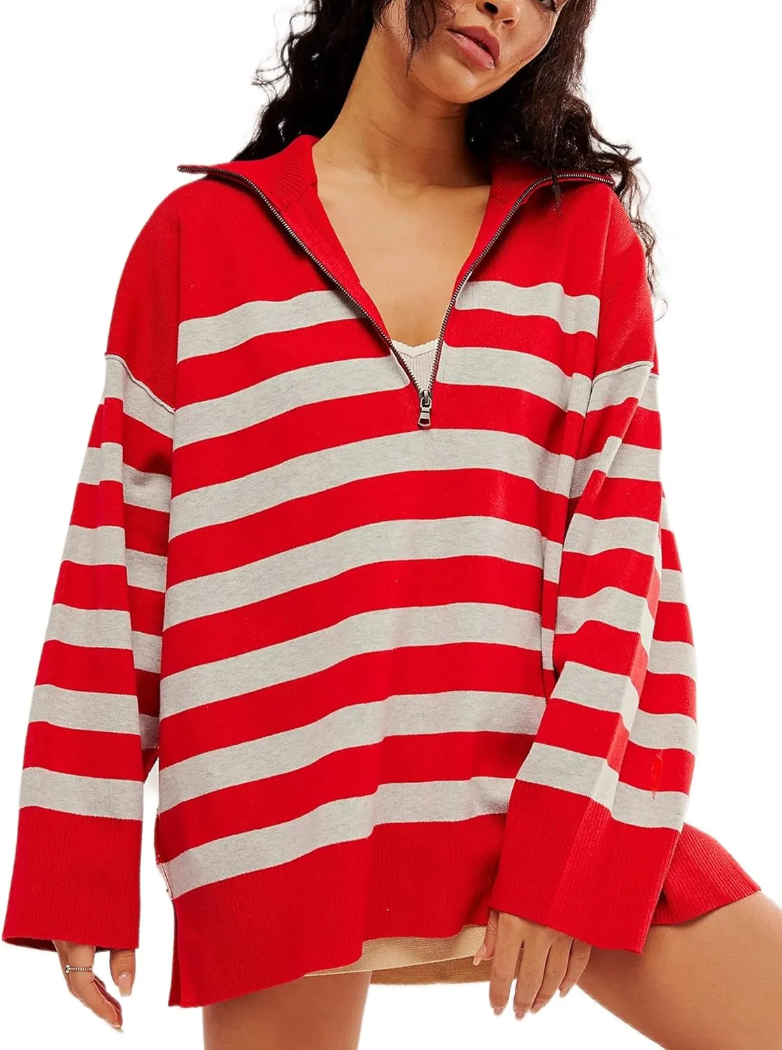 Quarter Zip Striped Oversized Knitted Pullover Sweaters for Women Lightweight Loose Fit Sweater Tops