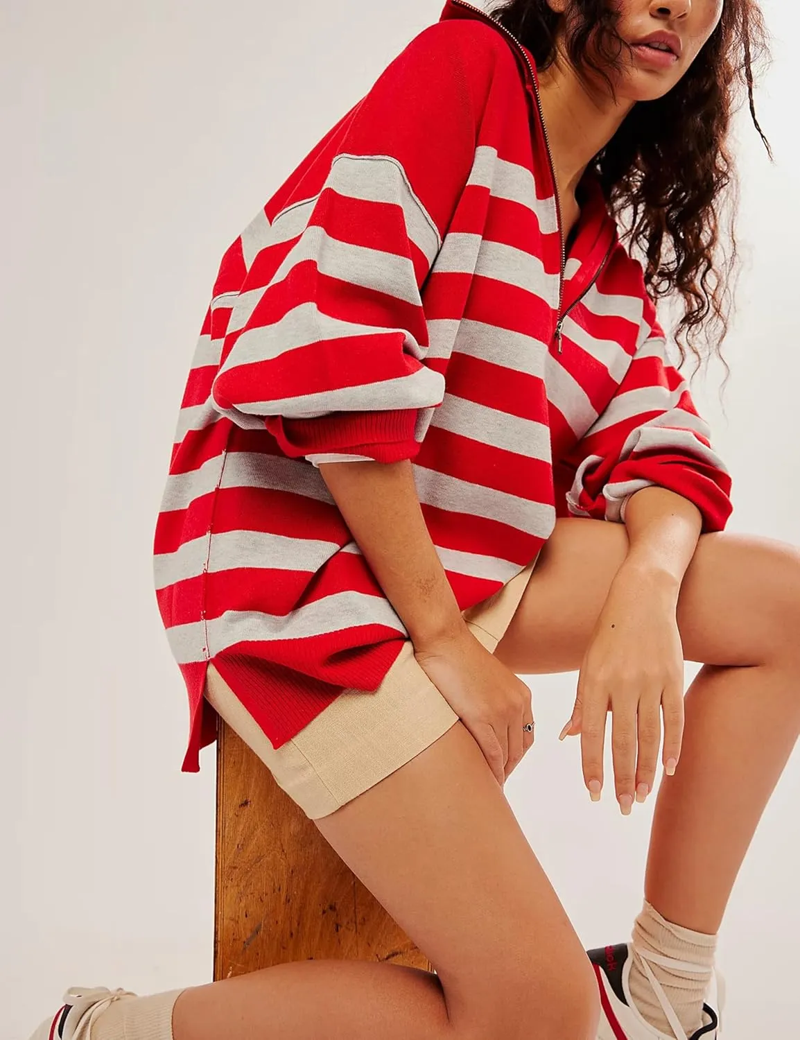 Quarter Zip Striped Oversized Knitted Pullover Sweaters for Women Lightweight Loose Fit Sweater Tops