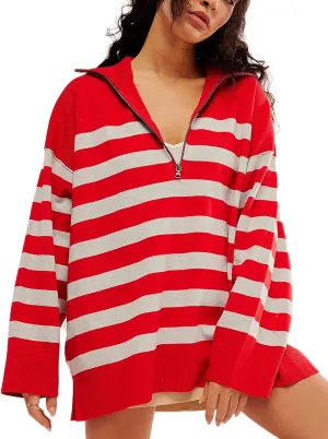 Quarter Zip Striped Oversized Knitted Pullover Sweaters for Women Lightweight Loose Fit Sweater Tops