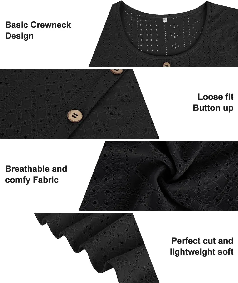 RITERA Plus Size Tops for Women Crewneck Neck with Button Up Short Sleeve Embroidery Henley Tshirt Casual Basic Shirt XL-5XL