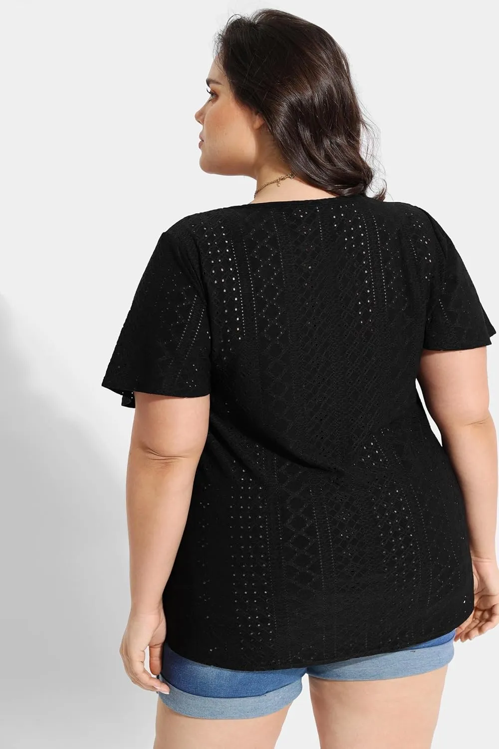 RITERA Plus Size Tops for Women Crewneck Neck with Button Up Short Sleeve Embroidery Henley Tshirt Casual Basic Shirt XL-5XL