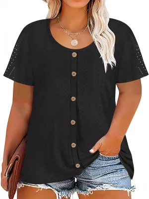 RITERA Plus Size Tops for Women Crewneck Neck with Button Up Short Sleeve Embroidery Henley Tshirt Casual Basic Shirt XL-5XL
