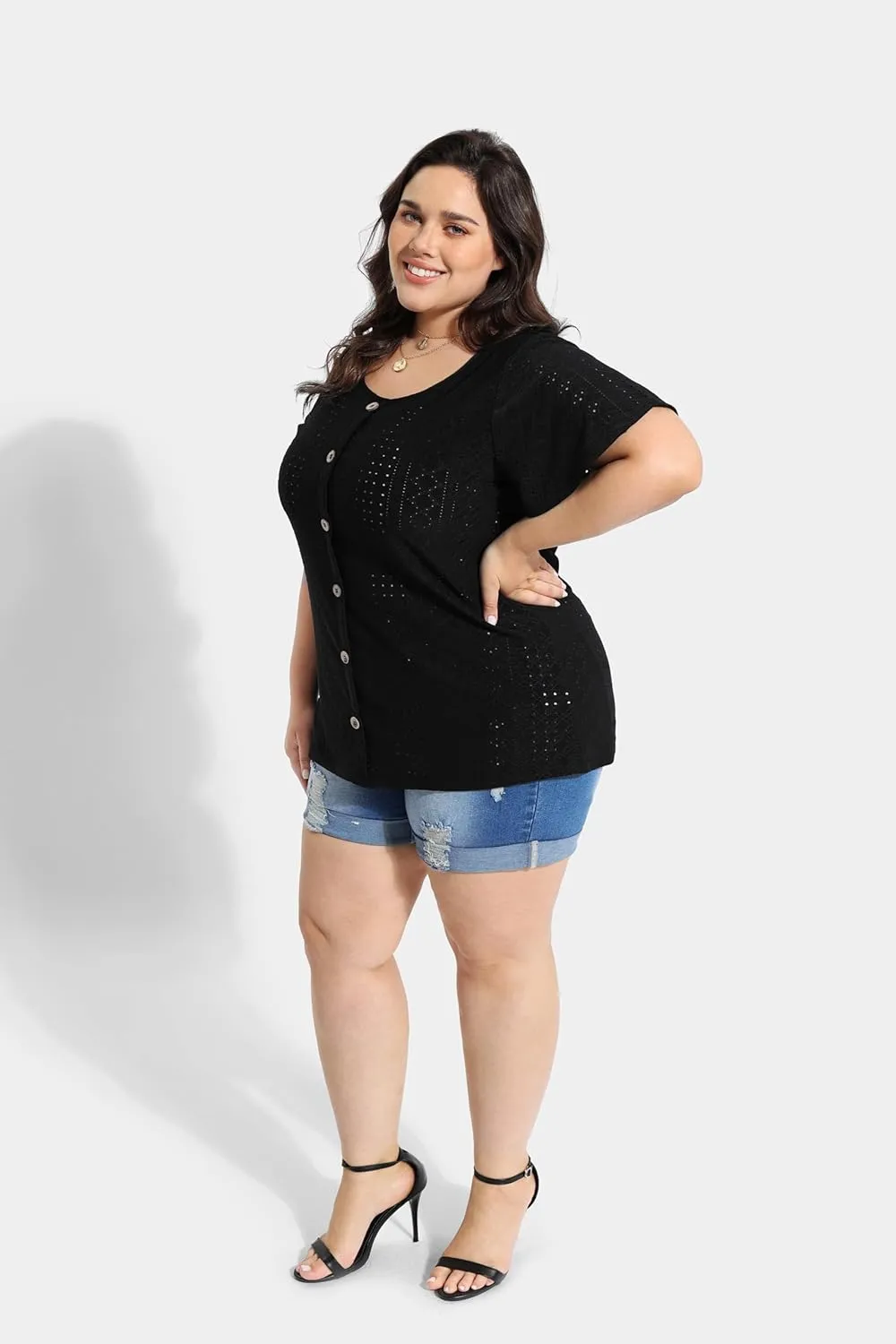 RITERA Plus Size Tops for Women Crewneck Neck with Button Up Short Sleeve Embroidery Henley Tshirt Casual Basic Shirt XL-5XL