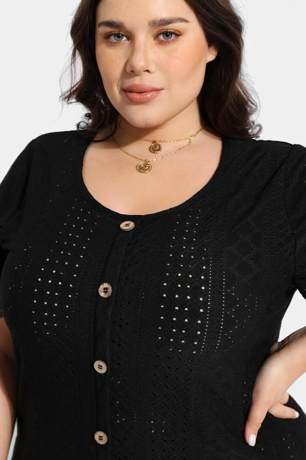 RITERA Plus Size Tops for Women Crewneck Neck with Button Up Short Sleeve Embroidery Henley Tshirt Casual Basic Shirt XL-5XL