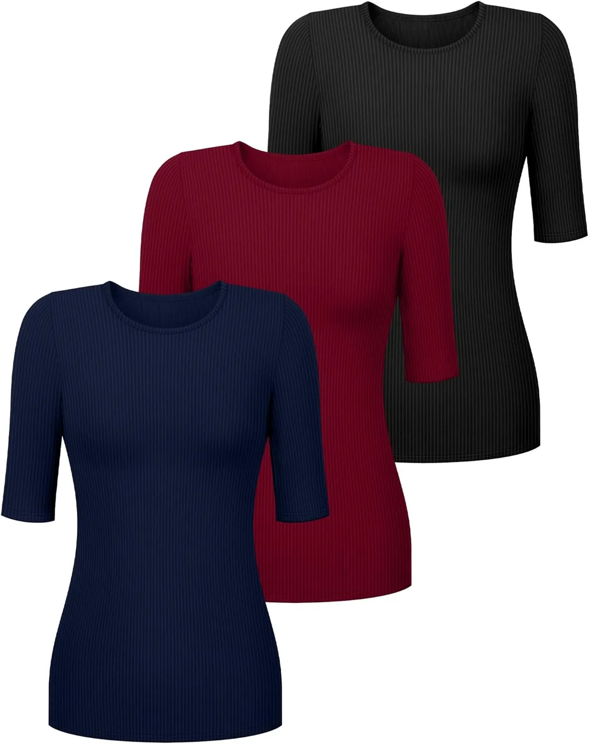 Riyiper 3 Pack Women's Half Sleeve Tops, Elbow Length Ribbed Cotton T Shirt Crew Neck Summer Tee Slim Fit Casual Blouses