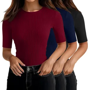 Riyiper 3 Pack Women's Half Sleeve Tops, Elbow Length Ribbed Cotton T Shirt Crew Neck Summer Tee Slim Fit Casual Blouses