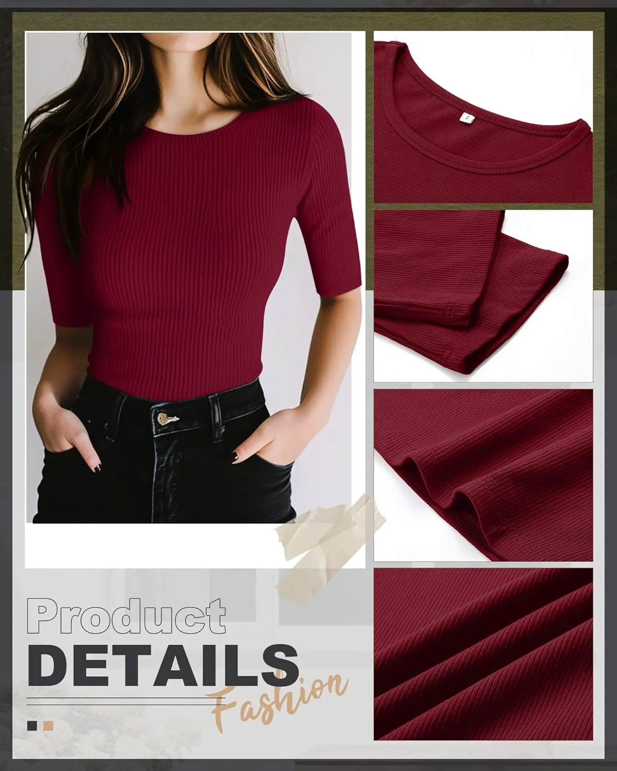 Riyiper 3 Pack Women's Half Sleeve Tops, Elbow Length Ribbed Cotton T Shirt Crew Neck Summer Tee Slim Fit Casual Blouses