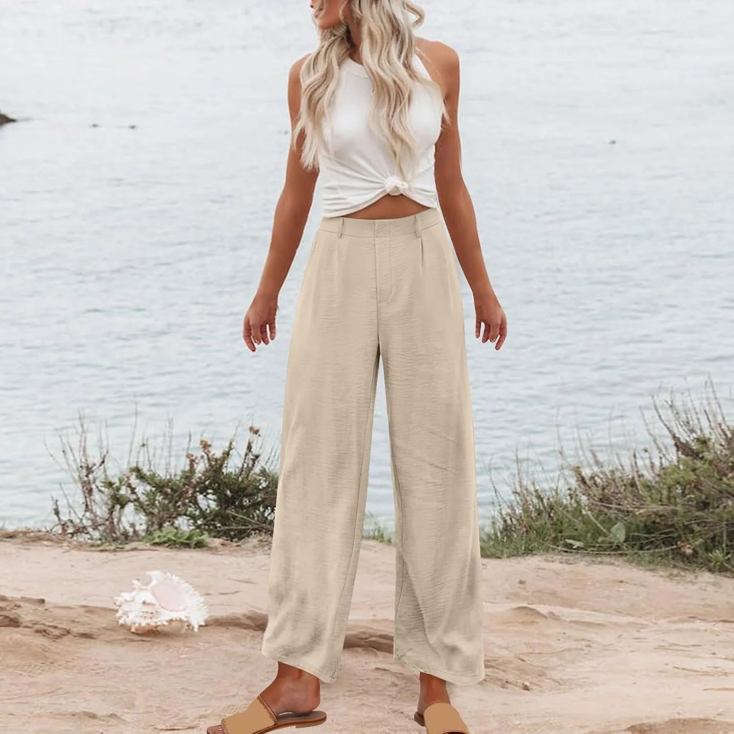 RKSTN Womens Loose Wide Leg Pants High Waist Straight Pants Casual Work Dress Pant Plain Trouser Pants with Pockets