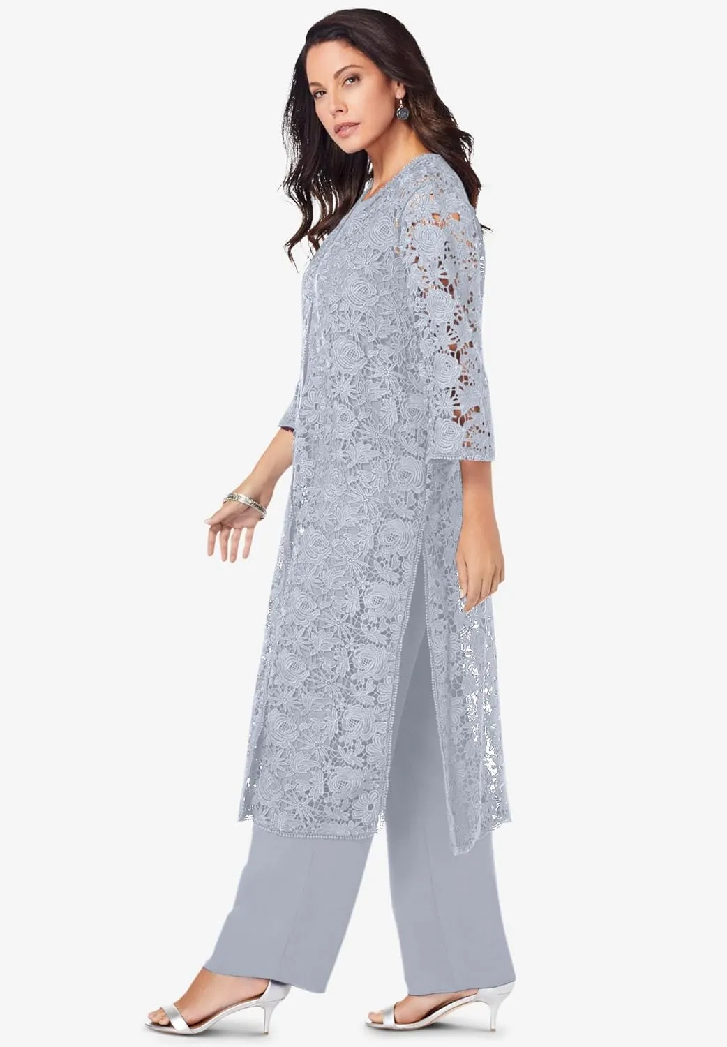Roaman's Women's Plus Size Three-Piece Lace Duster & Pant Suit