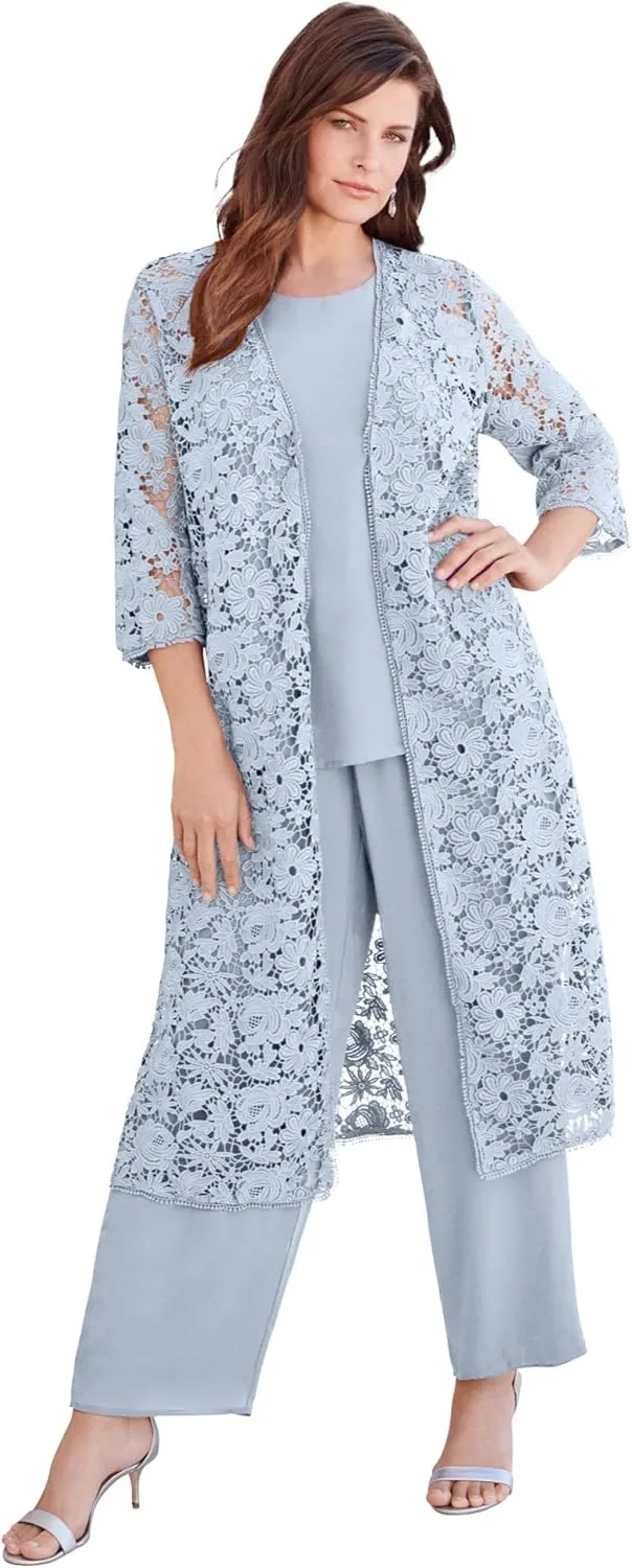 Roaman's Women's Plus Size Three-Piece Lace Duster & Pant Suit