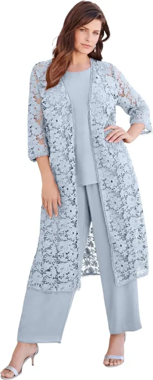 Roaman's Women's Plus Size Three-Piece Lace Duster & Pant Suit