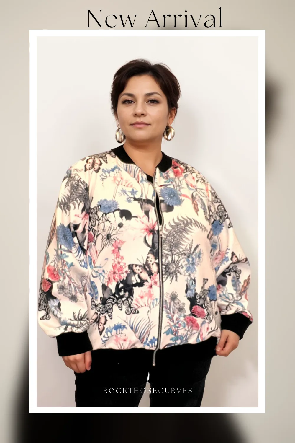 ROCKTHOSECURVES WHITE MULTI BUTTERFLY BOMBER JACKET