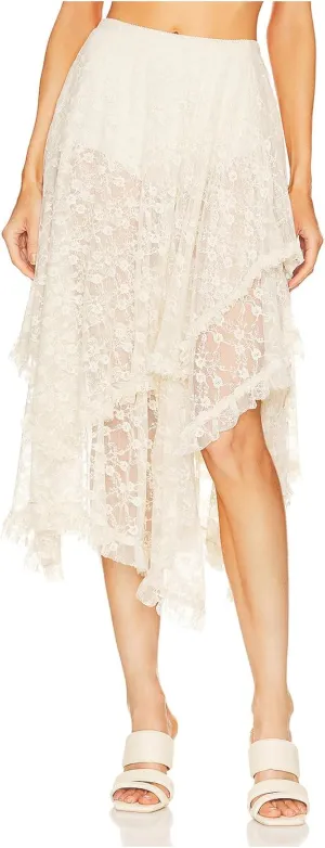 ROJZR Womens Lace Sheer Long Skirt Boho Elastic Asymmetrical Layered Hem Floral Maxi Skirts See-Through Beach Skirt