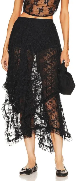 ROJZR Womens Lace Sheer Long Skirt Boho Elastic Asymmetrical Layered Hem Floral Maxi Skirts See-Through Beach Skirt