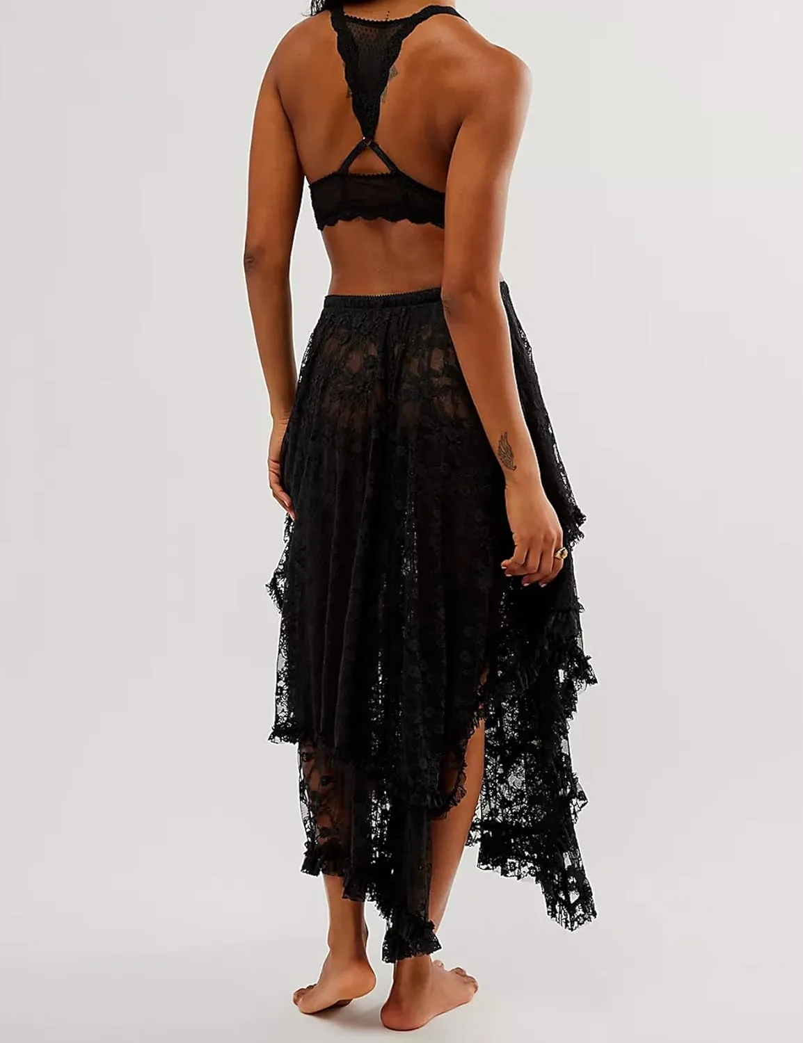 ROJZR Womens Lace Sheer Long Skirt Boho Elastic Asymmetrical Layered Hem Floral Maxi Skirts See-Through Beach Skirt