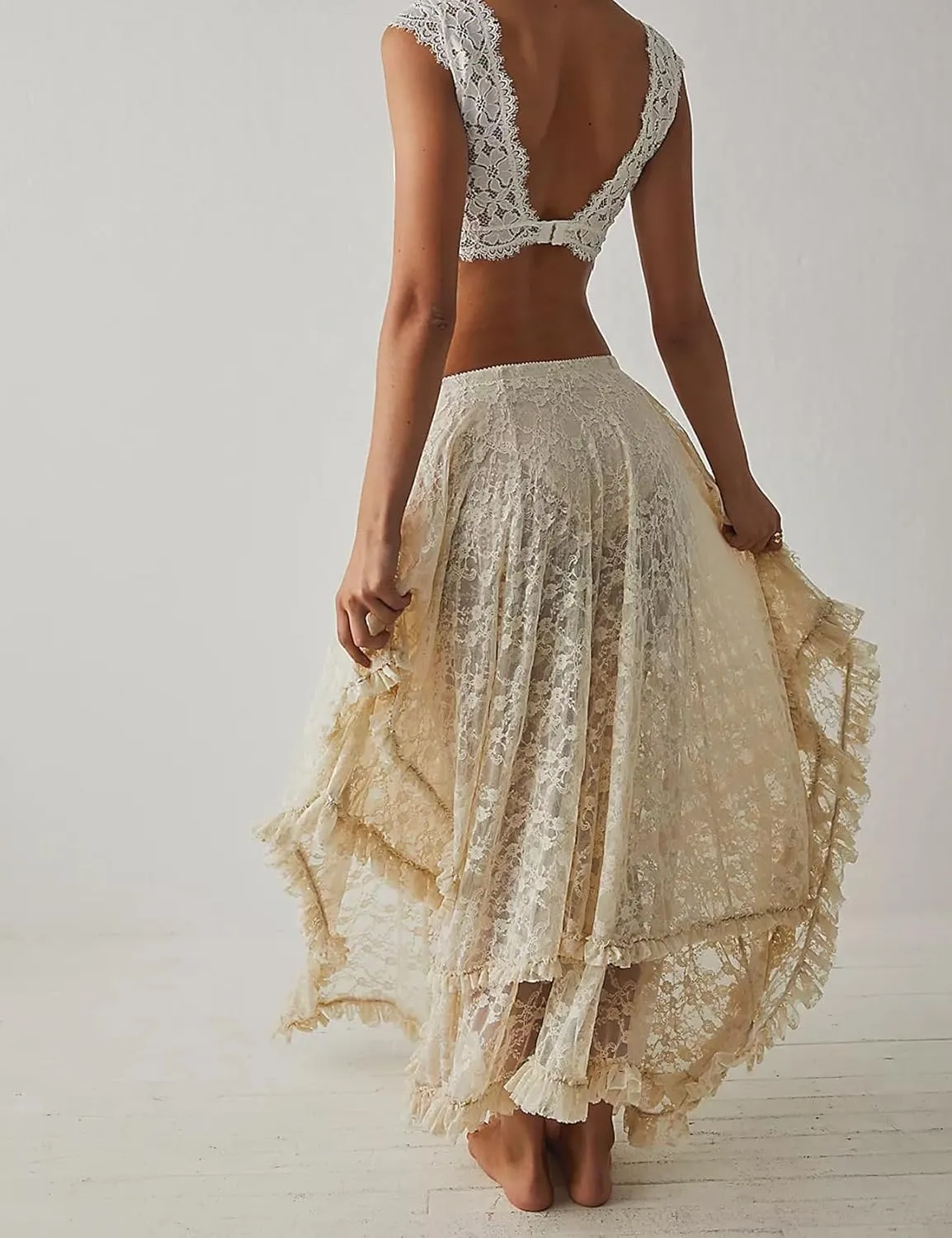 ROJZR Womens Lace Sheer Long Skirt Boho Elastic Asymmetrical Layered Hem Floral Maxi Skirts See-Through Beach Skirt