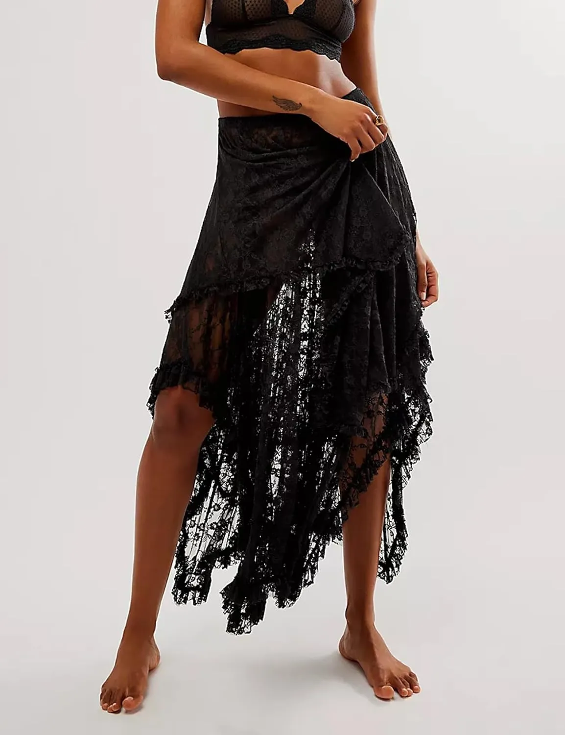 ROJZR Womens Lace Sheer Long Skirt Boho Elastic Asymmetrical Layered Hem Floral Maxi Skirts See-Through Beach Skirt