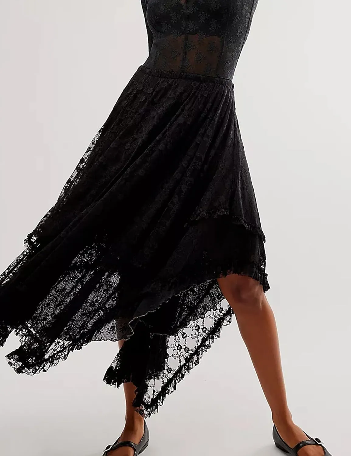 ROJZR Womens Lace Sheer Long Skirt Boho Elastic Asymmetrical Layered Hem Floral Maxi Skirts See-Through Beach Skirt