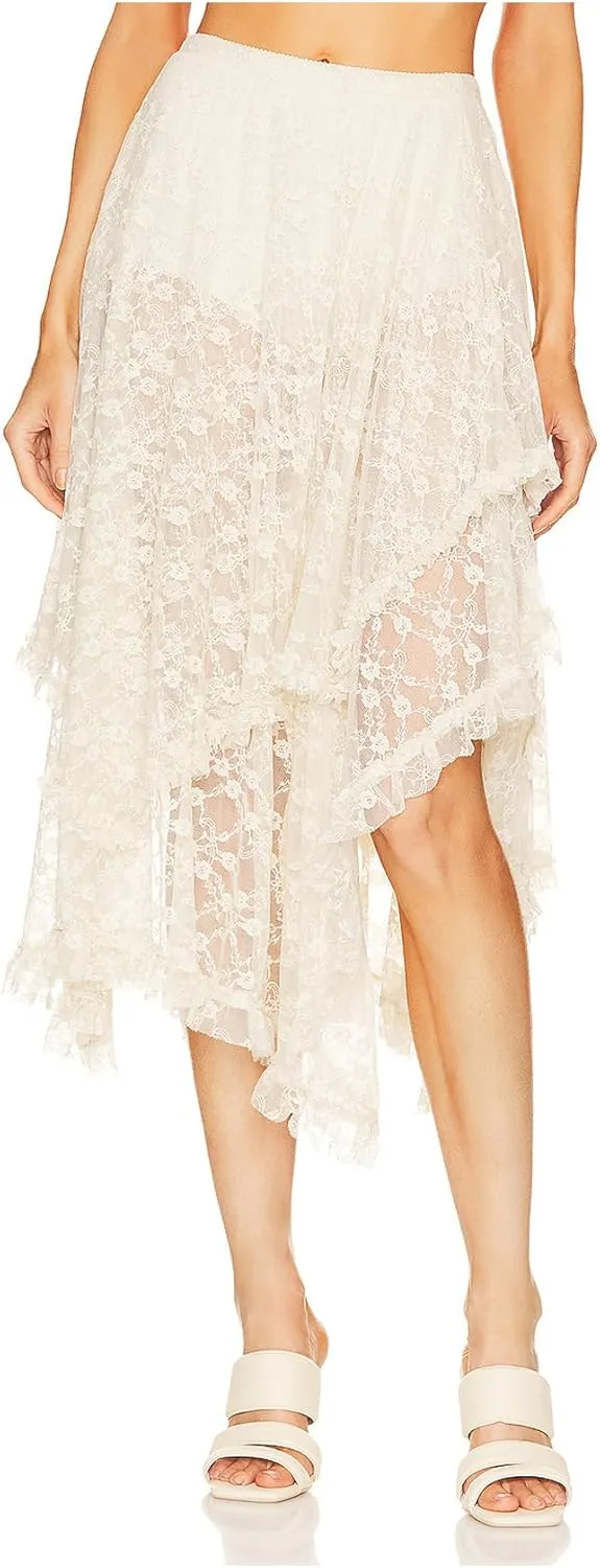 ROJZR Womens Lace Sheer Long Skirt Boho Elastic Asymmetrical Layered Hem Floral Maxi Skirts See-Through Beach Skirt