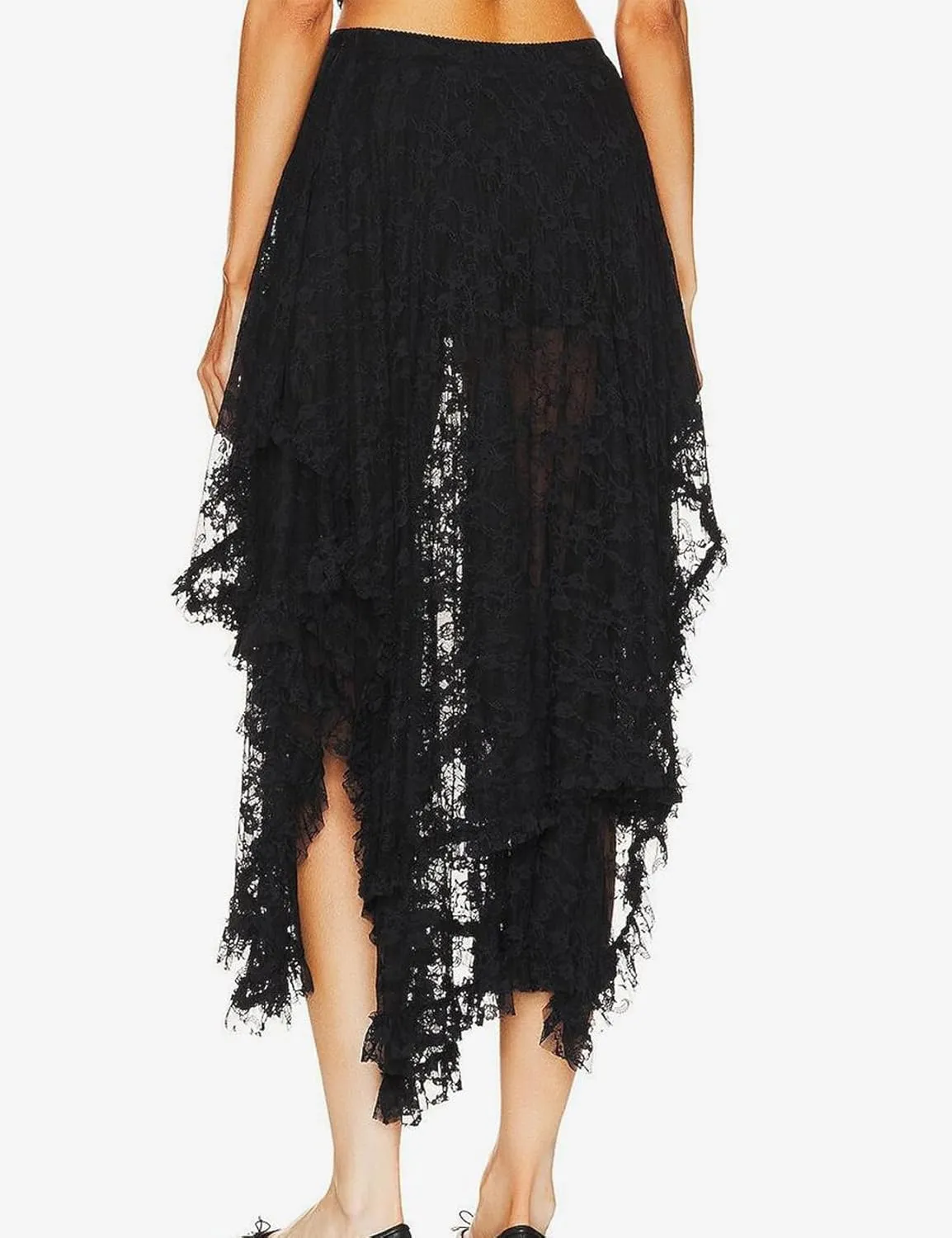 ROJZR Womens Lace Sheer Long Skirt Boho Elastic Asymmetrical Layered Hem Floral Maxi Skirts See-Through Beach Skirt