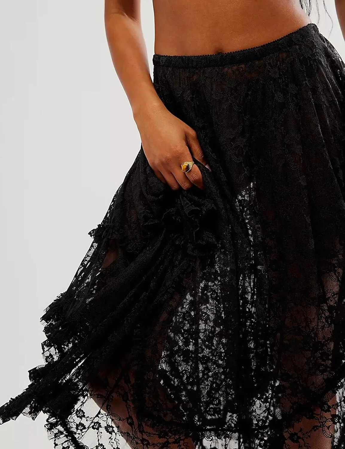 ROJZR Womens Lace Sheer Long Skirt Boho Elastic Asymmetrical Layered Hem Floral Maxi Skirts See-Through Beach Skirt