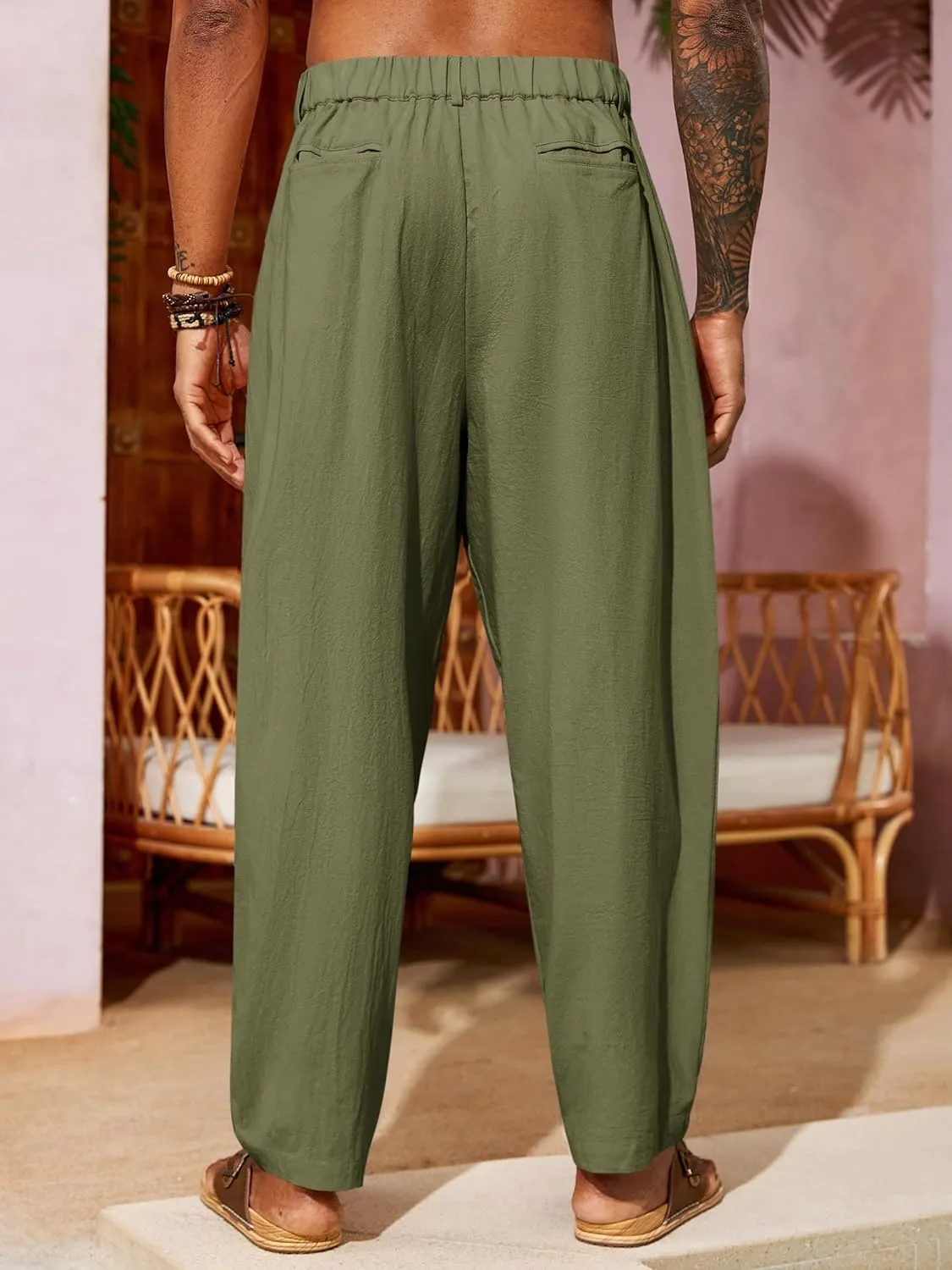 Runcati Mens Linen Baggy Pants Pleated Casual Harem Pants Beach Hippie Summer Trousers