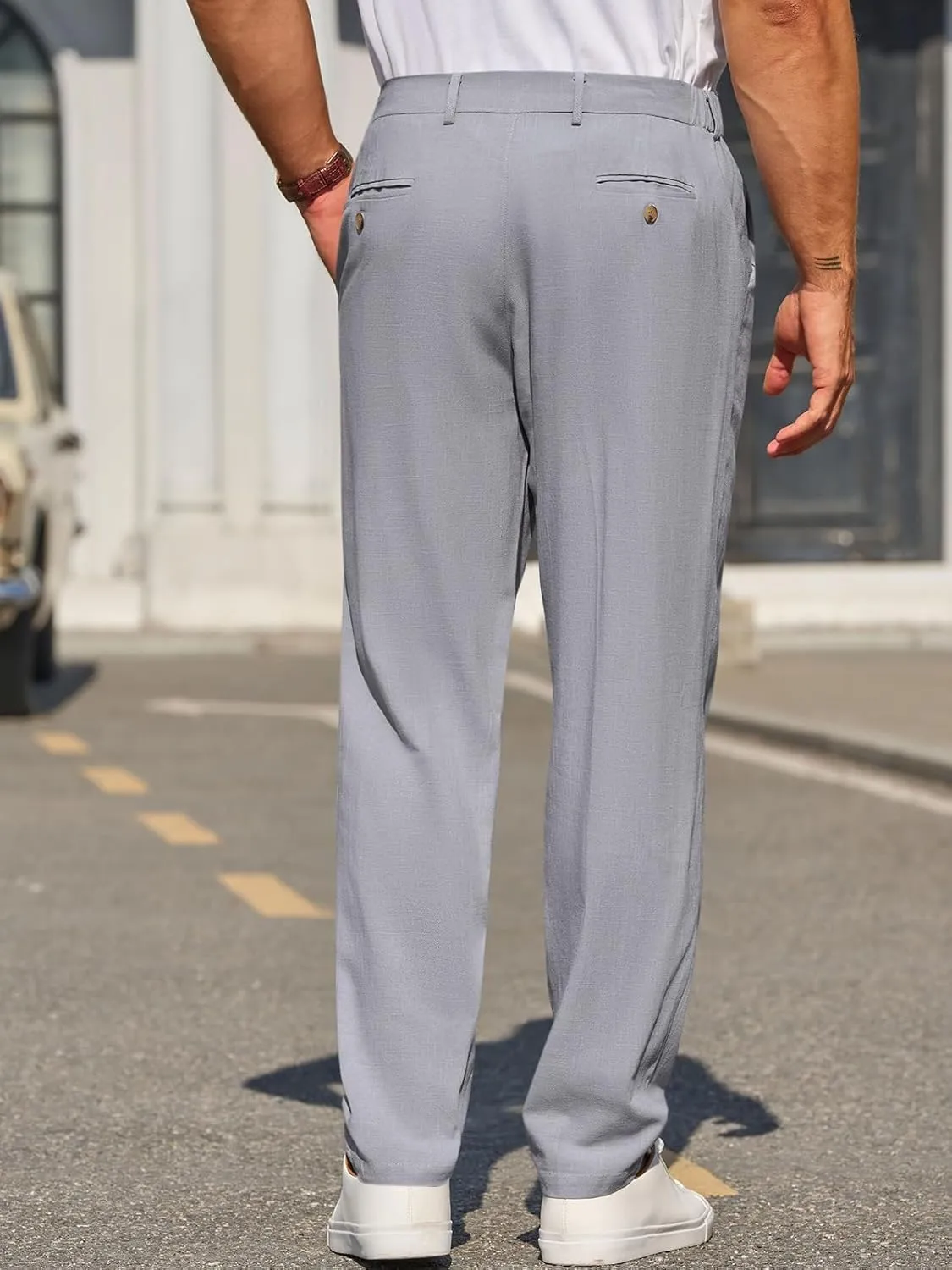 Runcati Mens Slim Fit Casual Pants Cotton Linen Tapered Pants Elastic Waist Summer Beach Lightweight Trousers
