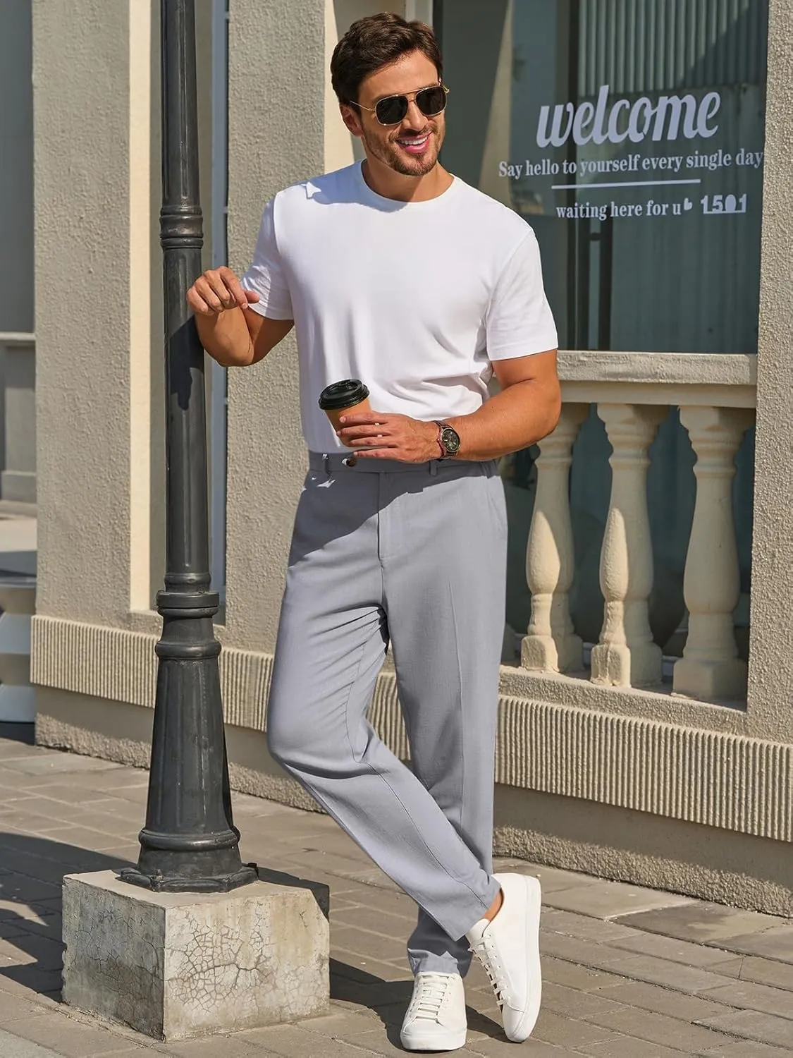 Runcati Mens Slim Fit Casual Pants Cotton Linen Tapered Pants Elastic Waist Summer Beach Lightweight Trousers