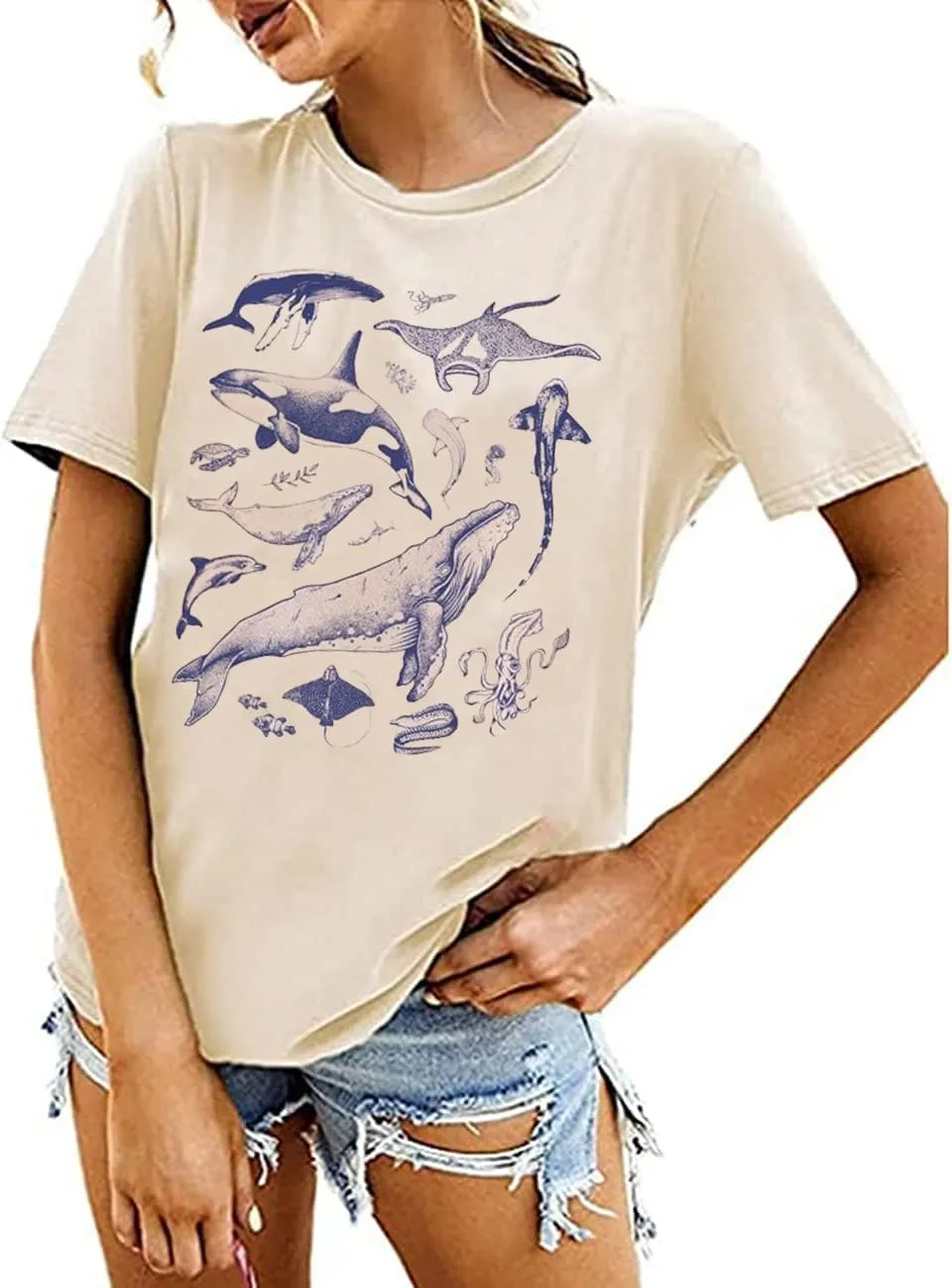 Sand Beach Shirts Women Vintage 80s 90s Tattoo Sea Animal Tshirt Summer Ocean Nature Tops Marine Animal Tee