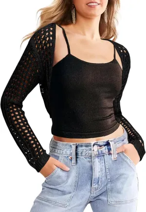Saodimallsu Womens Crochet Bolero Shrug Sweaters Cropped Lightweight Cardigan Long Sleeve Mesh Knit Y2k Crop Tops