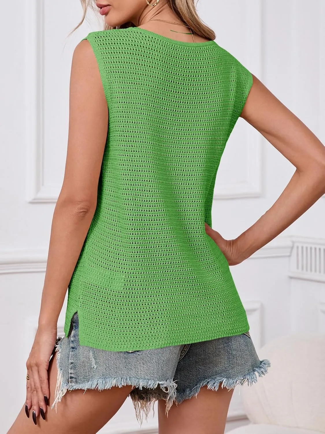 Saodimallsu Womens Crochet Tank Tops Summer Sleeveless Crew Neck Basic Mesh Knit Loose Pullover Sweater Vest