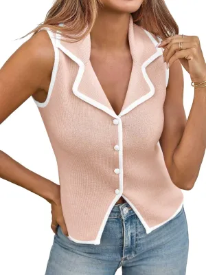Saodimallsu Womens Sleeveless Sweater Vest Button Color Block Sexy V Neck Collared Summer Knit Tank Tops