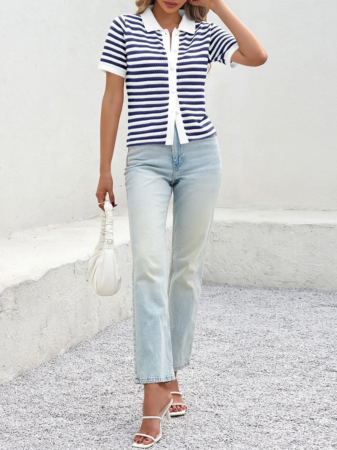 Saodimallsu Womens Striped Short Sleeve Sweater Tops Polo Collared Button Crochet Summer Cropped Cardigan