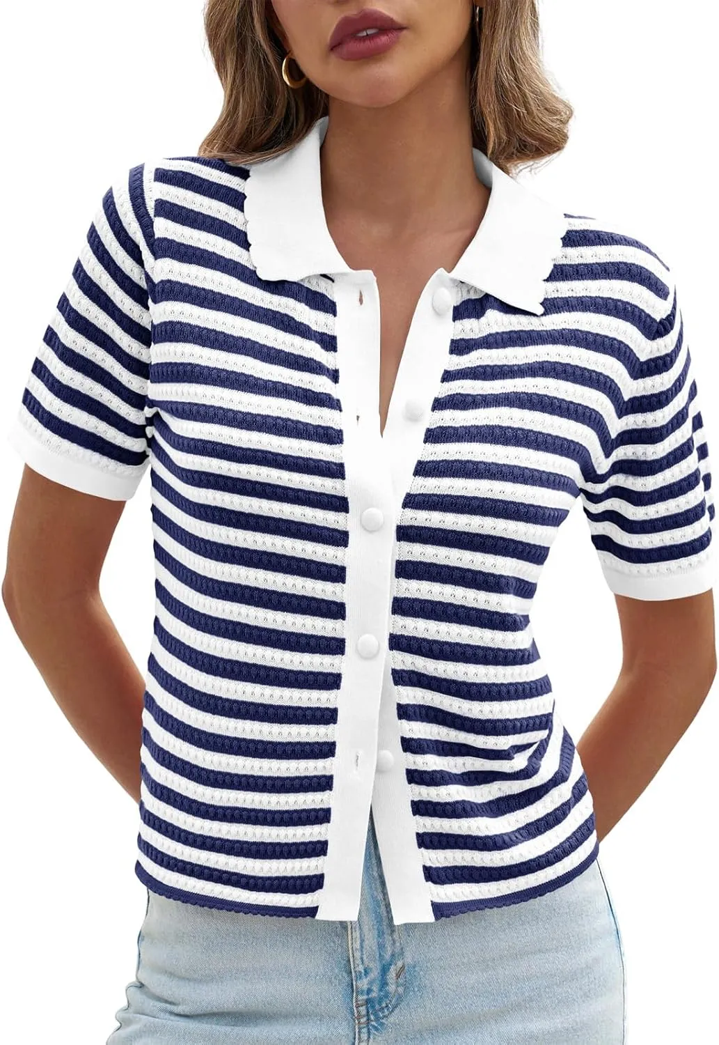 Saodimallsu Womens Striped Short Sleeve Sweater Tops Polo Collared Button Crochet Summer Cropped Cardigan