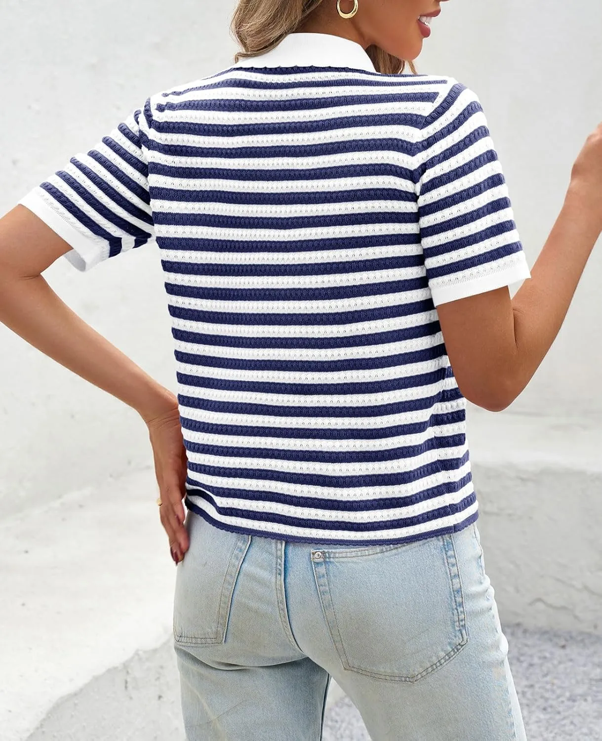 Saodimallsu Womens Striped Short Sleeve Sweater Tops Polo Collared Button Crochet Summer Cropped Cardigan