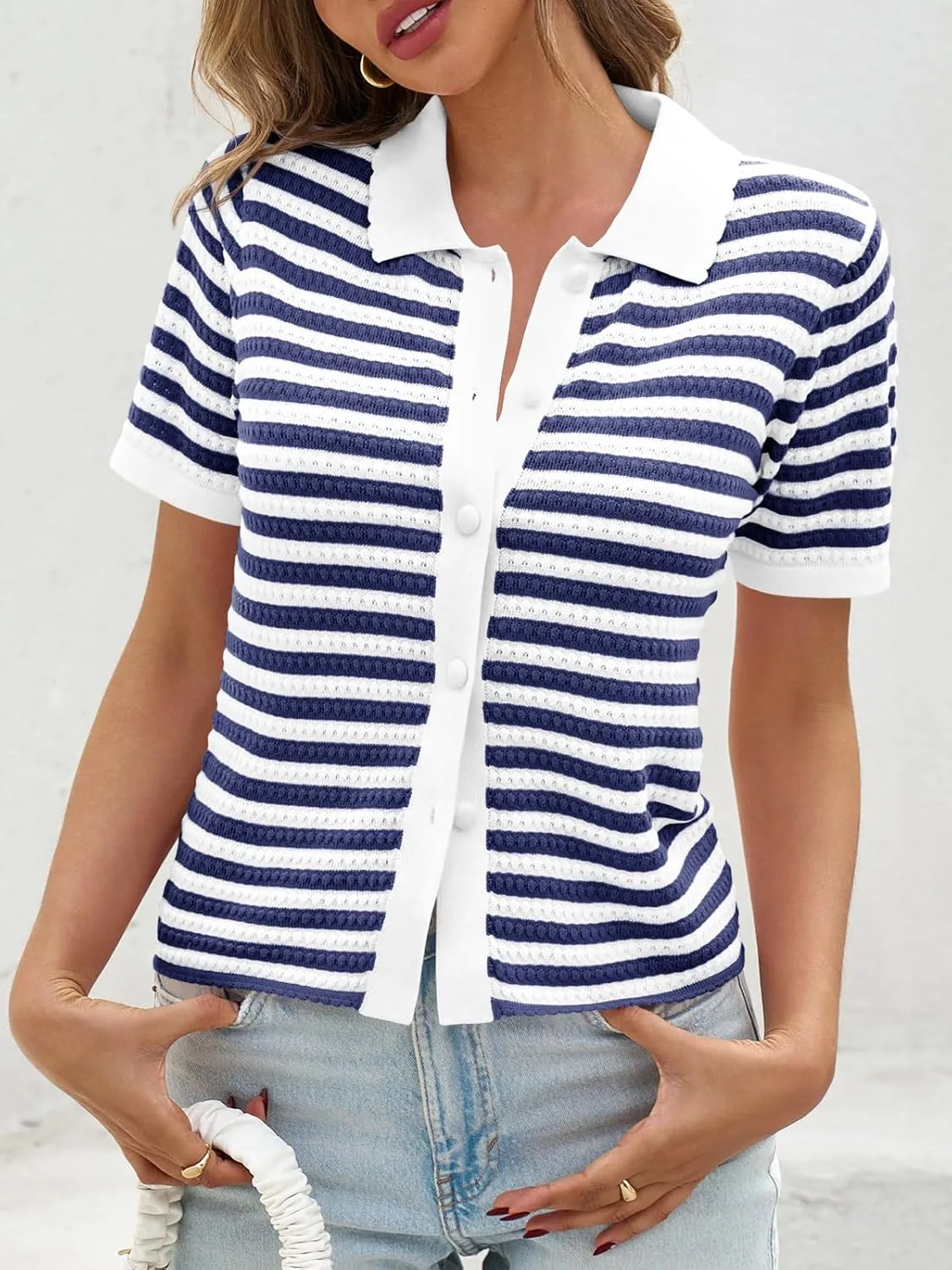 Saodimallsu Womens Striped Short Sleeve Sweater Tops Polo Collared Button Crochet Summer Cropped Cardigan