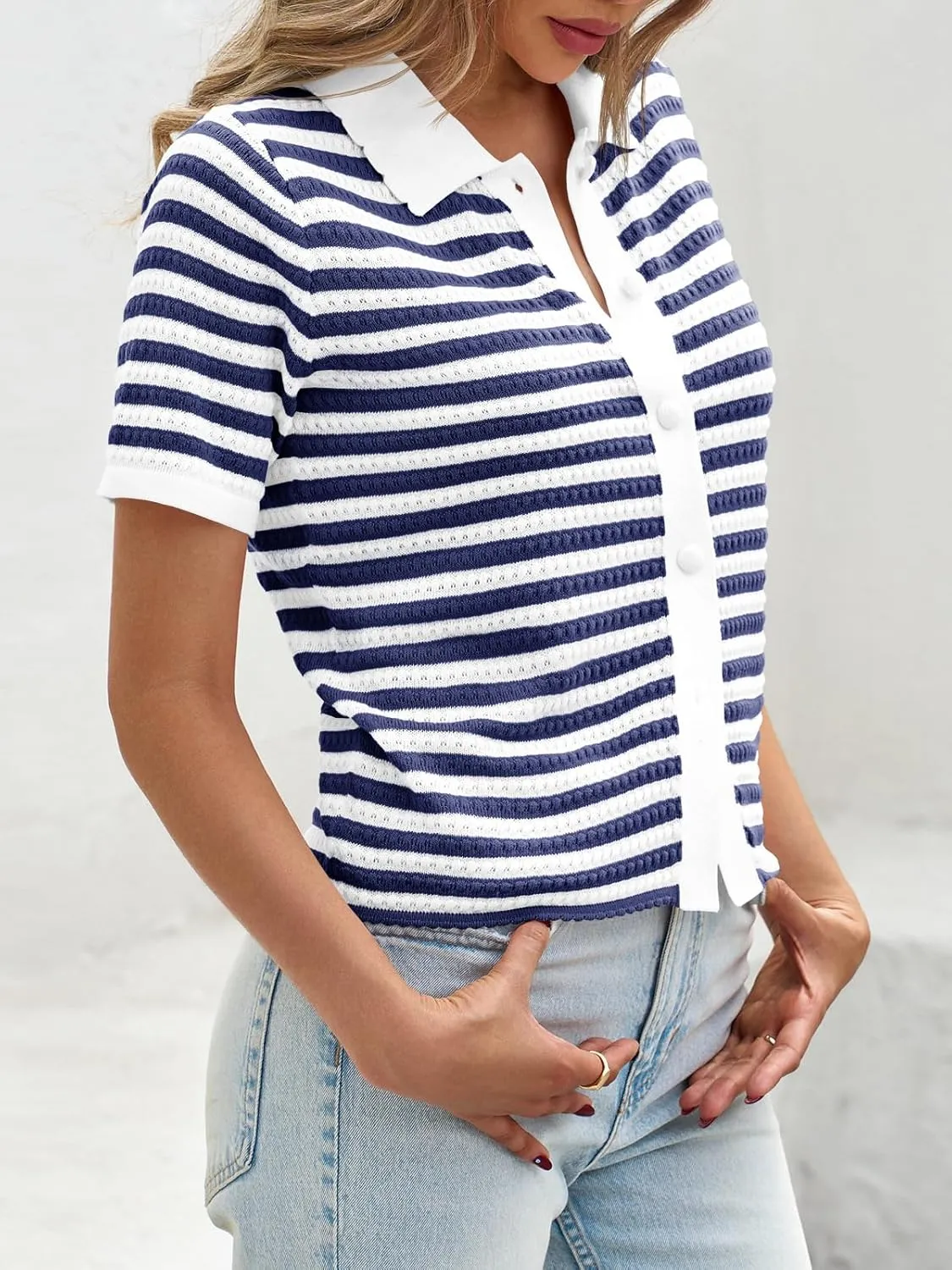 Saodimallsu Womens Striped Short Sleeve Sweater Tops Polo Collared Button Crochet Summer Cropped Cardigan