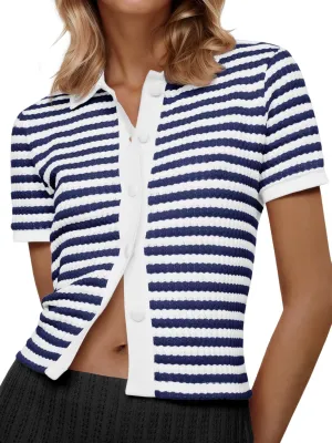 Saodimallsu Womens Striped Short Sleeve Sweater Tops Polo Collared Button Crochet Summer Cropped Cardigan