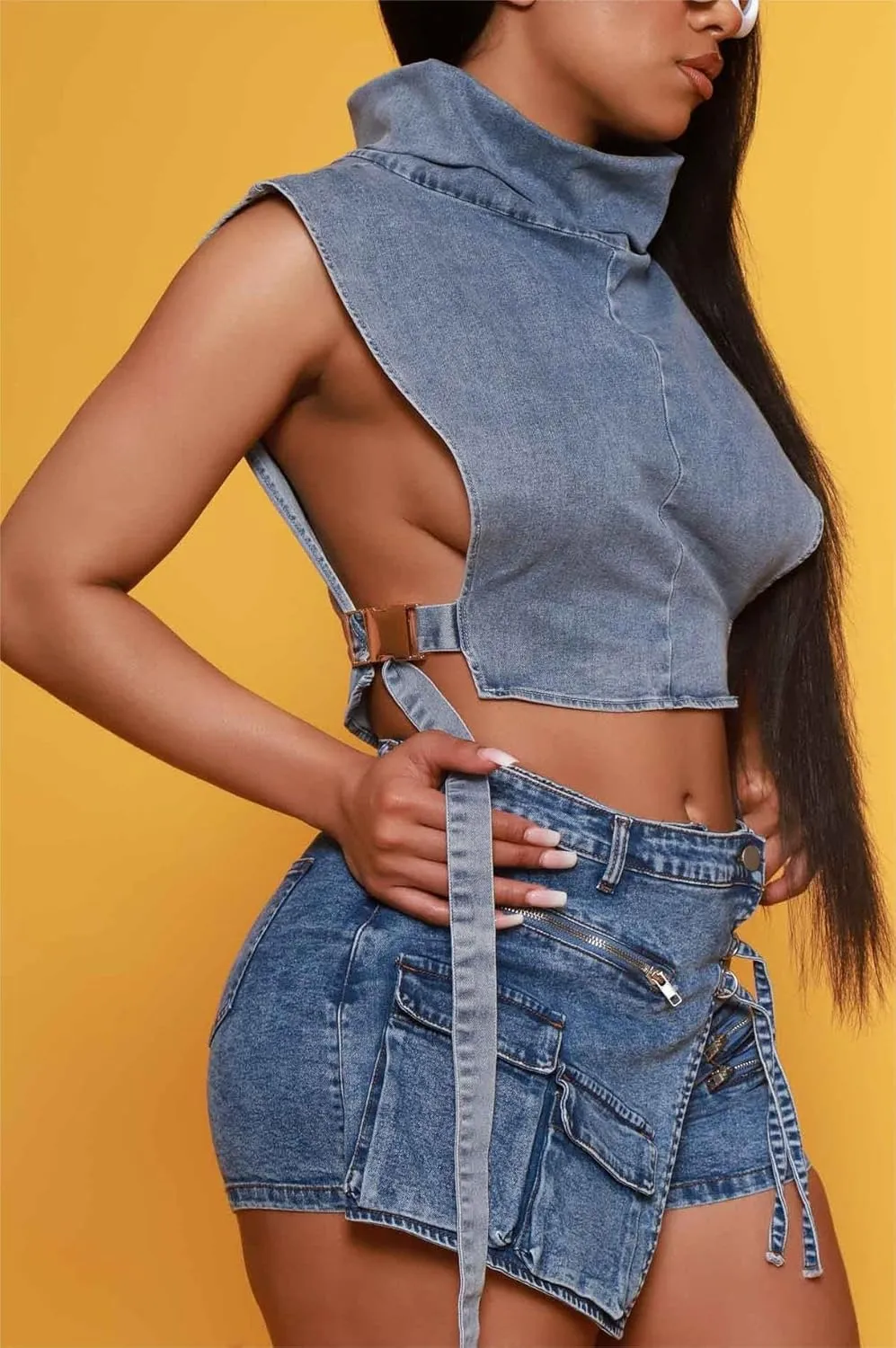 Sexy Cargo Denim Shorts for Women Asymmetrical Stretchy Jean Novelty Shorts with Pockets