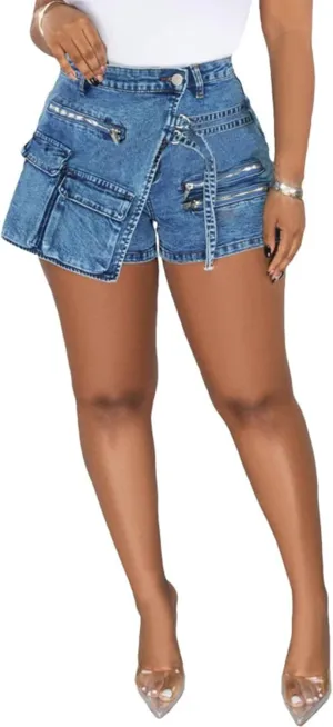 Sexy Cargo Denim Shorts for Women Asymmetrical Stretchy Jean Novelty Shorts with Pockets
