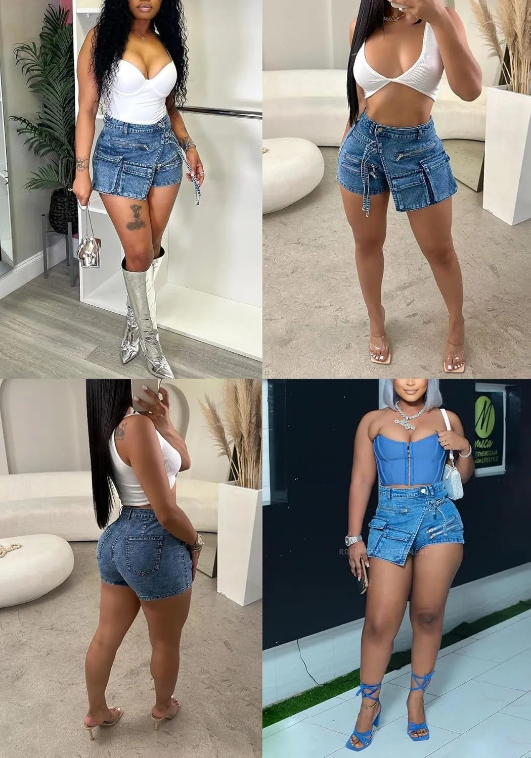 Sexy Cargo Denim Shorts for Women Asymmetrical Stretchy Jean Novelty Shorts with Pockets