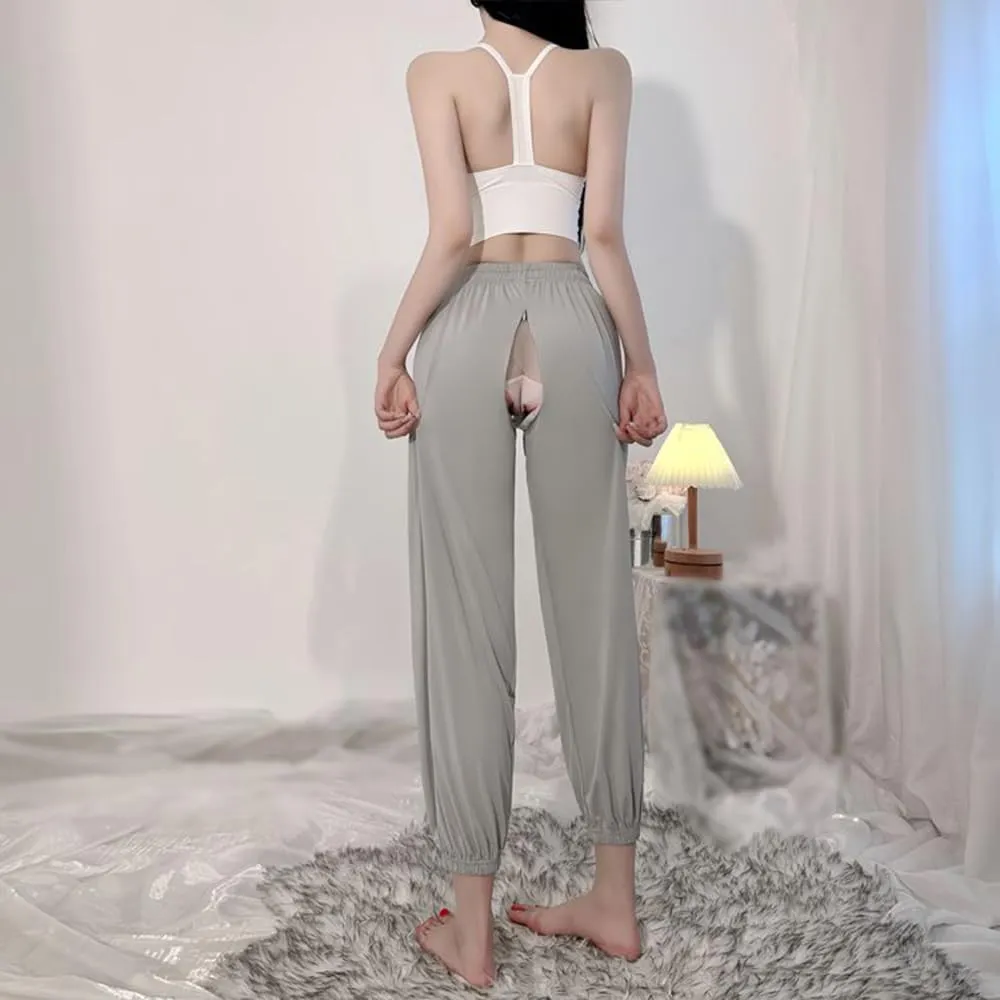 Sexy Invisible Zipper Open Crotch Three Quater Pants Women Loose Gym Sports Trousers