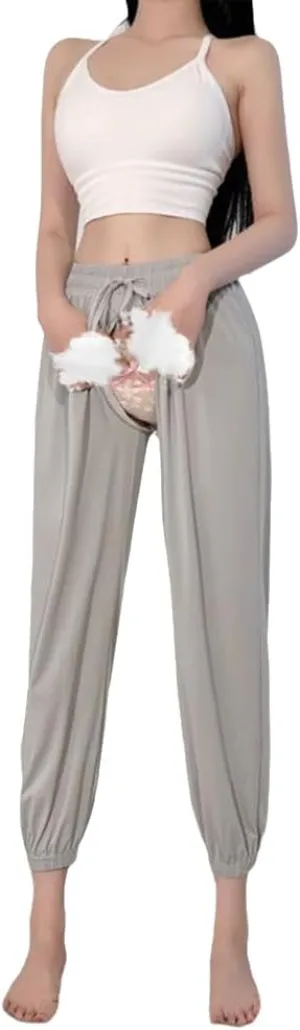 Sexy Invisible Zipper Open Crotch Three Quater Pants Women Loose Gym Sports Trousers